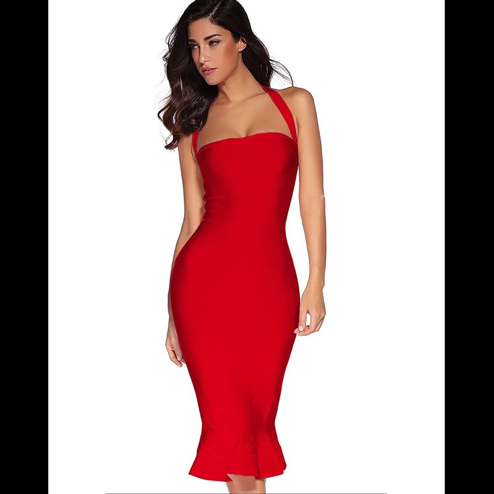 Red midi bandage dress